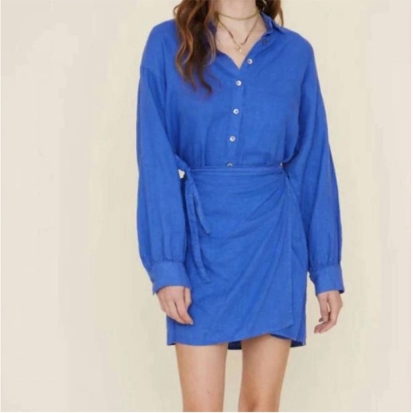 Xirena Royal Blue Linen Wrap Shirt Dress - Picture 1 of 6